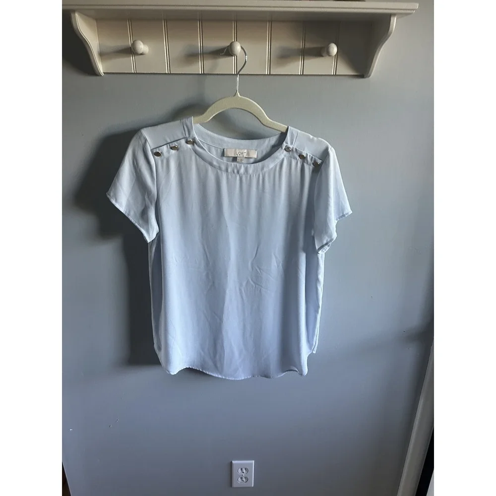 LOFT Womens Light Blue Short Sleeve Button Shoulder Puff‎ Sleeve Blouse XS